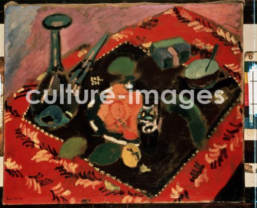 Henri Matisse, Geschirr und Früchte auf dem rot-schwarzen Teppich