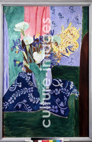 Henri Matisse, Blumen in blauer Vase auf blauer Tischdecke